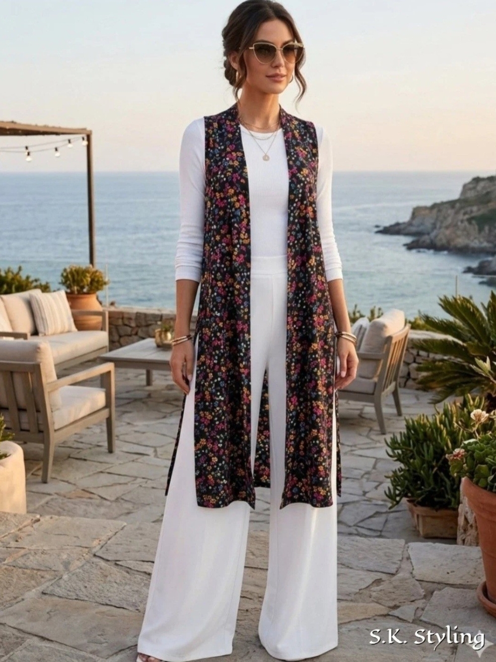NWT LuLaRoe Joy Open Front Duster Cover-Up Silky Tunic Vest Black Floral size XS